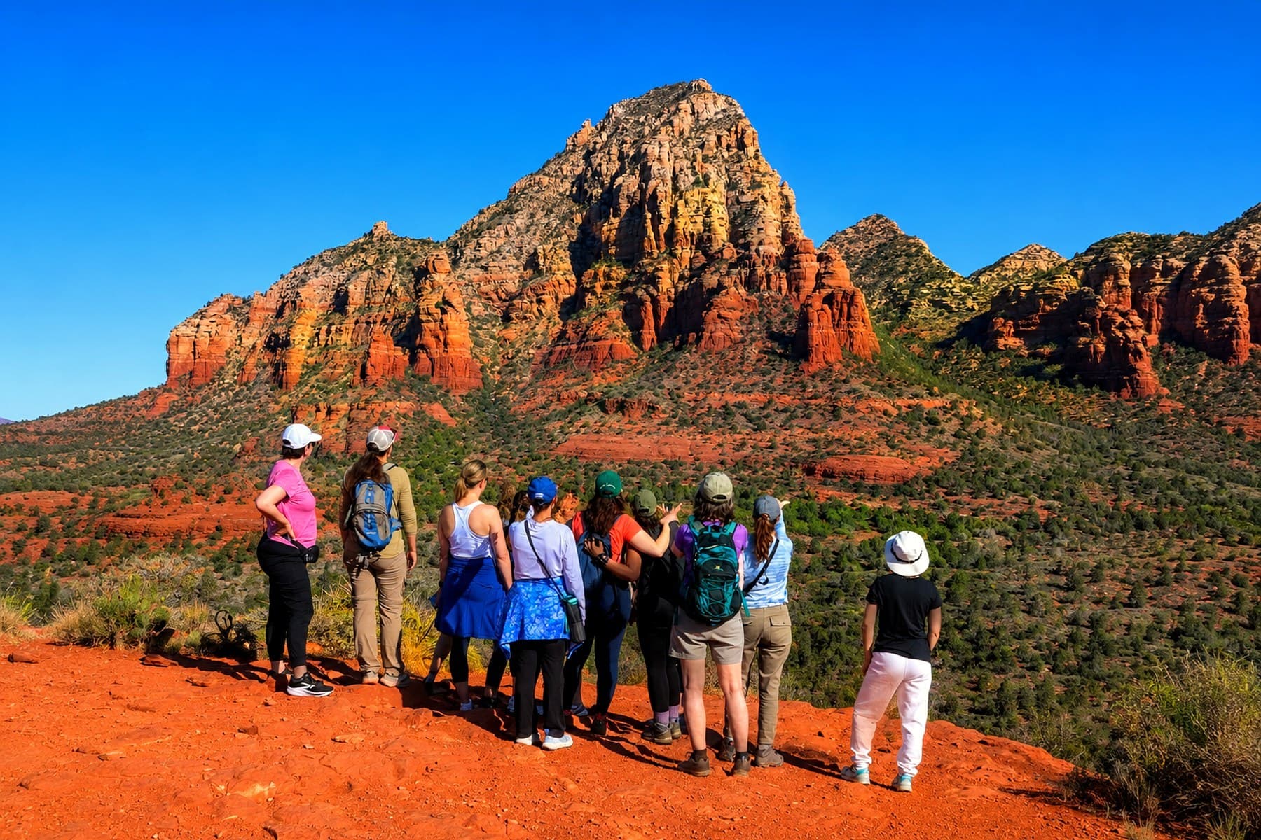 A group looking out over the red rock formations in Sedona